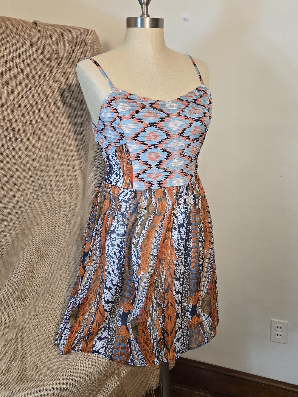 Band of Gypsies Blue, Orange and White Printed Spaghetti Strap Mini Dress